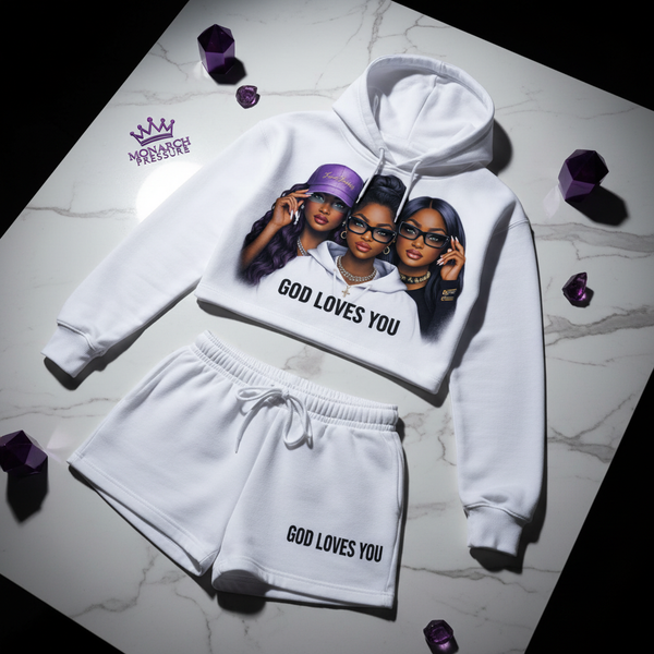 Monarch Pressure "God Loves You" White & Purple Cropped Hoodie & Shorts Set
