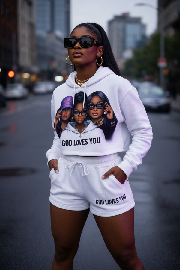 Monarch Pressure "God Loves You" White & Purple Cropped Hoodie & Shorts Set